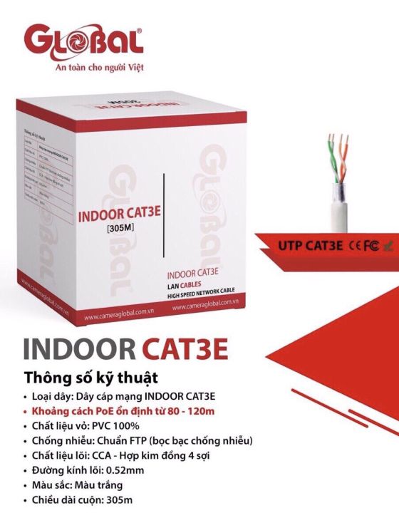 [HCM]Dây cáp mạng chuyên dùng camera IP POE Indoor CAT3E chất liệu lõi CCA - Hợp kim đồng 4 sợi đường kính lõi 0.52mm. 