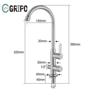 GRIPO Premium 304 Stainless 2 Independent Control Handles Kitchen Faucet Single Cold Matte Finish