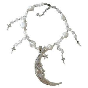 Handcrafted Moonstone Necklace Elegant Big Moon Charm With Star Moon Charm Clavicle Chain Pendant Necklace