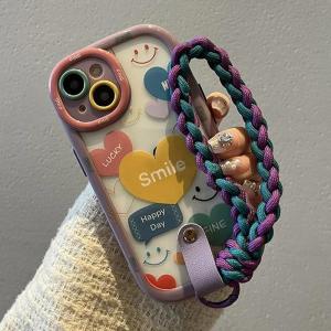 Wrist Chain Lanyard Phone Case For iPhone 16 15 14 13 11 12 Pro Max Cute Lucky Love Heart Pattern Ink and Wash Smudge Cover