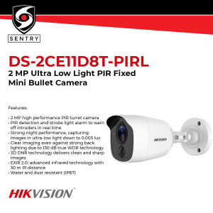 HIKVISION DS-2CE11D8T-PIRL 2 MP Ultra Low Light PIR Fixed Mini Bullet Camera\\n\\n What is the HIKVISION DS-2CE11D8T-PIRL?\\n\\nThe HIKVISION DS-2CE11D8T-PIRL is a compact outdoor surveillance camera designed to provide high sensitivity security coverage in low light conditions. This 2 MP Ultra Low Light Camera is perfect for residential and commercial applications that require reliable monitoring around the clock.\\n\\n Compact Outdoor Surveillance Camera Overview\\n\\nThe DS-2CE11D8T-PIRL is a PIR Fixed Mini Bullet Camera that features a compact design, making it easy to install and blend seamlessly into its surroundings. Its weather-resistant construction ensures durability in various outdoor environments, while its low light capabilities enable clear visibility even in challenging lighting conditions.\\n\\n High Sensitivity Security Camera Features\\n\\nSome notable features of the HIKVISION DS-2CE11D8T-PIRL include:\\n\\n- **2 Megapixel Resolution**: Capture high-definition images and videos for improved clarity and detail.\\n- **Ultra Low Light Sensitivity**: Experience clear visibility even in dimly lit areas thanks to its exceptional low light performance.\\n- **PIR Motion Detection**: Automatically detect motion and trigger recording, reducing false alarms and saving storage space.\\n- **Weather-Resistant Design**: With an IP66 rating, this camera is built to withstand harsh weather conditions and extreme temperatures.\\n\\n How to Install the HIKVISION DS-2CE11D8T-PIRL\\n\\nInstalling the HIKVISION DS-2CE11D8T-PIRL is a straightforward process. Follow these step-by-step instructions to ensure a successful setup:\\n\\n Step-by-Step Installation Guide\\n\\n1. Choose a suitable location for the camera, taking into account factors like coverage area, potential obstructions, and power supply availability.\\n2. Mount the camera securely using the included mounting hardware.\\n3. Connect the camera to a power source and network cable, ensuring proper connectivity.\\n4. Access the camera's settings through a compatible video management software (VMS) or mobile app.\\n5. Configure the camera's settings according to your preferences, including resolution, frame rate, and motion detection sensitivity.\\n\\n Connecting to Power Supply and Network\\n\\nTo connect the HIKVISION DS-2CE11D8T-PIRL to power and network, follow these steps:\\n\\n1. Locate a power outlet near the camera's installation location.\\n2. Connect the camera's power adapter to the outlet.\\n3. Connect the camera to a network cable, ensuring it is securely plugged into both the camera and router.\\n\\n Maximizing the Performance of HIKVISION DS-2CE11D8T-PIRL\\n\\nTo get the most out of your HIKVISION DS-2CE11D8T-PIRL, consider these tips:\\n\\n Optimal Placement for Maximum Coverage\\n\\n- Position the camera at a height that allows for optimal coverage of the desired area.\\n- Minimize obstructions between the camera and its target area.\\n- Ensure the camera is mounted securely to prevent movement or vibration that may affect image quality.\\n\\n Adjusting Settings for Day & Night Surveillance\\n\\n- Adjust the camera's resolution and frame rate settings to balance image quality and storage requirements.\\n- Configure motion detection sensitivity according to the desired level of activity monitoring.\\n- Enable日夜监控功能,以确保在各种光照条件下都能获得清晰的图像。