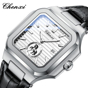 CHENXI Leisure Genuine Leather Stainless Steel Mens Watch Square Quartz Movement Waterproof Calendar Luminous Mens Watches