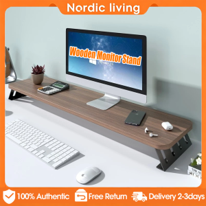 Wooden Monitor Stand 80/100CM Computer Riser Desk Organizer Laptop Shelf Home Office Gaming Dormitory Ergonomic Eye-Level Height Adjustable Sturdy Anti-Slip Easy Assembly Black Natural Wood