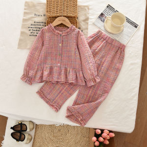 ชุดเสื้อผ้าเด็กผู้หญิงสีชมพูหวานน่ารักแขนยาวพิมพ์ลายตารางหมากรุกเสื้อและกางเกงชุดสองชิ้น