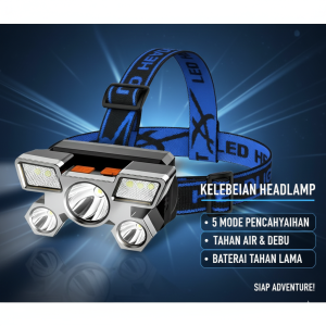 Senter Kepala LED 5 Mata 4 Mode Super Terang Rechargeable – Headlamp Outdoor Anti Air Camping & Kerja