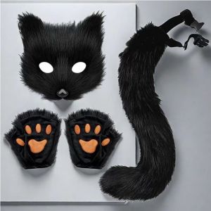 Halloween Fox Costume Accessories Plush Mask Realistic Tail Set