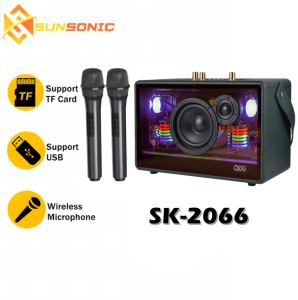 QIXI SK-2066 Big Shocking Bass Sound KARAOKE Wireless Bluetooth Transparent RGB Speaker with Two Wireless Microphone