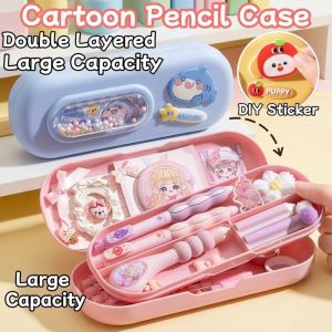 Cartoon Double Layer Pencil Case Large Capacity Plastic Holder For Kids With Diy Cute Decoration