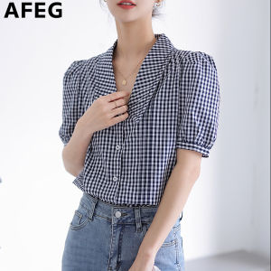 AFEG new Korean version doll collar fashion casual loose all-match plaid puff sleeve blouse for women