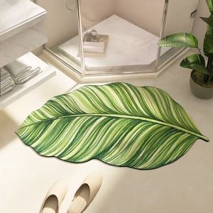 Luxurious Unique-Shaped Rug for Bathroom Absorbent and Slip-Resistant with Green Plant Design