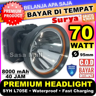[COD] Senter Kepala Premium Surya 70w 70 Watt SYH L705E 70Watt Electronic Spotlight LED Dengan 3pcs Baterai Lithium 8000 mAh Super Terang Cahaya Putih Jarak Sorot Jauh dan Waterproof Headlamp Tahan 40 Jam Camping Laz COD Bisa Bayar di Tempat Sasa Mall
