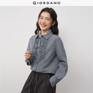 GIORDANO Women Shirts Ruffle Placket Small Checked Shirts Long Sleeve Gentle Trendy Chic Fashion Casual Loose Shirts 18345519