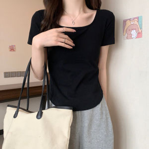 Korean Style U-Neck Short Sleeve T-Shirt Women Summer Asymmetric Hem Crop Top Slim Fit Plain Tees