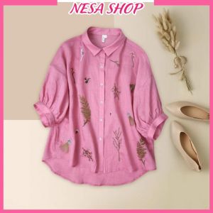 Áo sơ mi nữ tay lỡ cổ đức họa tiết thêu hoa tinh tế chất liệu Đũi mềm mát co giãn nhẹ form đẹp NeSa Shop SMH.55