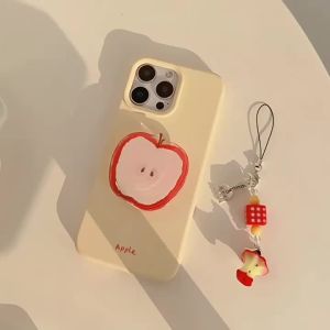Korean Red Apple Graffiti With Holder Lanyard Phone Case for iPhone 17 16 15 14 13 12 Pro Max Soft Silicone Shockproof Cover