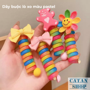 Dây Cột Tóc Lò Xo Màu Pastel Đáng Yêu Kèm Hình Hoa Cười Nơ Xinh Phong Cách Hàn Quốc Cute