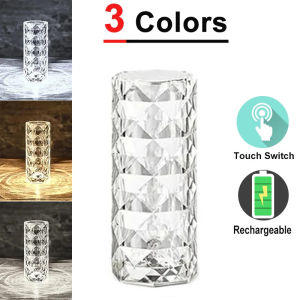 USB Rechargeable 16 Colors LED Rose Light Projector Crystal Table Lamp Home Bar Decoration Touch Dimmable Color Changing Romantic Diamond Atmosphere Light