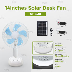 OSQ 12/14/16/18inches Solar Rechargeable Desk and Stand Fan with LED Light and Mobile Charging