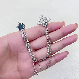 Elegant Mens Suit Lapel Pin Featuring Crystal Planet Tassels Design with Rhinestones Accents Elegant Chain Brooch