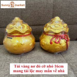 Heo đất túi vàng nơ đỏ cỡ nhỏ cao 16cm thu hút may mắn tài lộc về nhà