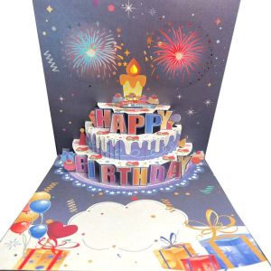 UNQCSA Musical and Light Happy Birthday Card Blowable Led Candle Fireworks Effect 3D Popup Greeting Card Birthday Gift Cartoon Patterned Birthday Cake Postcards Mom