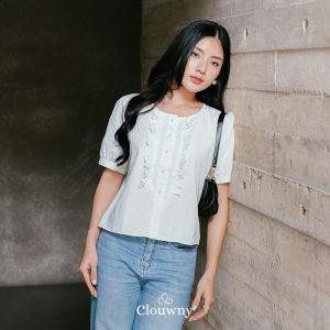 Clouwny Sada Ruffle Cotton Blouse Atasan Wanita Lengan Pendek Premium Cotton Korean Look