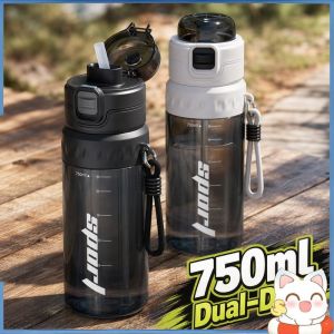 Large Capacity Dual-Use Water Bottle With Spray Straw Portable Lanyard For Outdoor Sports Gym