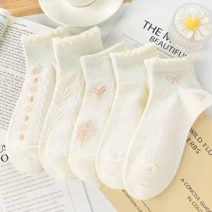 Korean Style Long Socks 5Pairs Women Lolita JK Pink Floral Japanese Casual Socks Cotton Socks