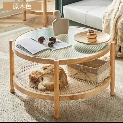 Japanese Solid Rattan Coffee Table Table Long Rainbow Glass Double Round Log Living Room Home Small Household