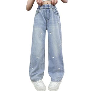 Rolanko Girls Denim Wide-Leg Jeans Kids Straight Heart Embroidery Pants Baggy Elastic Waist Trousers School Daily Casual Wear 6-15 Years