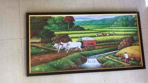 Hiasan Dinding Cetak Gambar Lukisan Pemandangan Sawah Sapi plus bingkai uk:50cm x 100xm