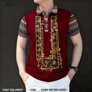2026 Luxury Ethnic 3D Sublimation Polo Shirt Classic Polo Collar Short Sleeve with Golden Scroll Floral Ethnic Geometric Collar Sleeve Patter