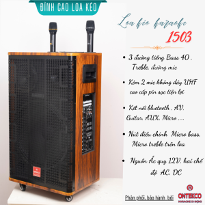 loa kéo karaoke  bass 40 - 3 đường tiếng chính hãng ontekco 1503 1503 promax có kèm 2 mic không dây   bluetooth sạc