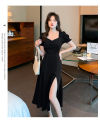 2023 Summer black dress for women casual dress plus size formal dress elegant puff sleeve long dress Korean white dress for graduation. 