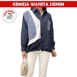 Kemeja Wanita Denim Lengan Panjang Model Korea Baju Atasan Perempuan Formal Casual Kekinian Premium