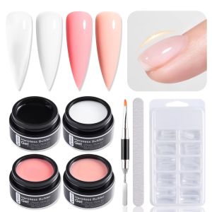 SUTOKAKA 4 Colors Builder Gel for Nails with Nail Forms Dual-Ended Brush Clear White Nude Pink Sculpted Gel for Nail Strengthener Thickening Extension Mani DIY Home Salon Gifts