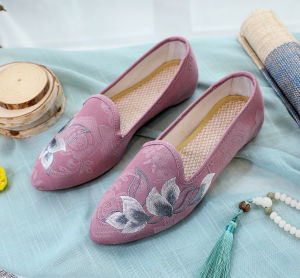 [Free Shipping] Pointed-Toe Shoes Single Shoes With Lotus Embroidery Paired With A Cheongsam Pointed-Toe Mules For Women Spring/Autumn Style