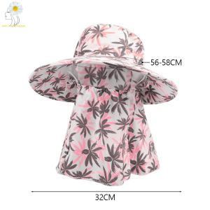 Women Anti-UV Sun Hat Beach Foldable Sunscreen Floral Print Caps Neck Face Care Wide Brim Hat Summer Outdoor Riding