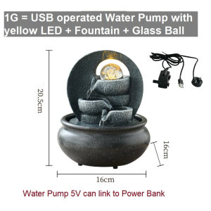 USB/Plug In Mini Zen Waterfall Fountain ‒ Meditation & Feng Shui Decor Portable Tabletop Desktop Display Yellow LED