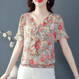 V neck Floral Chiffon Shirt Women Plus Size Short Sleeve Elegant Lace up Ruffle Flare Sleeve Tops Female Chiffon Blouse Fashion