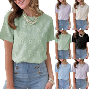 Women Summer Short Sleeve Shirts Fashion Jacquard Hollow Out Elegant O-Neck Loose Casual Black Tops 2026 Vintage Womens Blusas