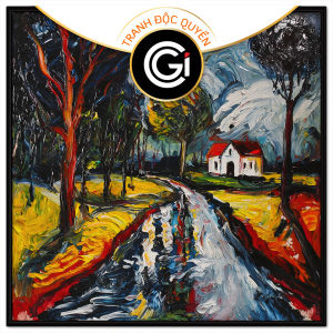 Tranh trời mưa phong cảnh thiên nhiên con đường vào làng ven khu rừng sau cơn mưa.Tranh treo tường dán tường.CGI-1183