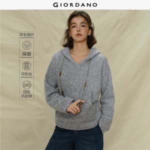 Giordano Women Hooded Kangaroo Pocket Curved Hem Woolen Knit Sweater Free Shipping 18355827