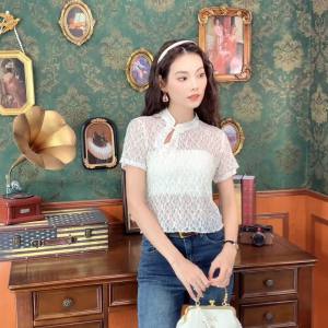 Ammin 2024 mùa hè phong cách sườn xám Trung Quốc mới cải thiện quan điểm áo ren phụ nữ khóa cổ điển cổ áo phong cách ngắn Áo Blouse thanh lịch