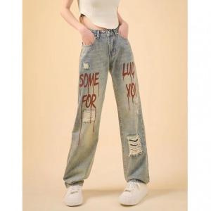 Fashion Retro Jins Robek Pria Dan Wanita Niche Tren Hip-hop Kepribadian Celana Lebar Lurus Longgar