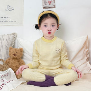 Spot Autumn and Winter Childrens Middle Collar Base Thermal Underwear Set Childrens Color-matching Horizontal Strip Home Clothes Pajamas Two-piece Set
