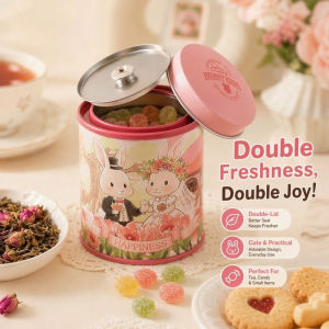 Mini Tin Canister Double Lid Rabbit Print Tea Storage Candy Cookie Box Wedding Souvenir Organizer
