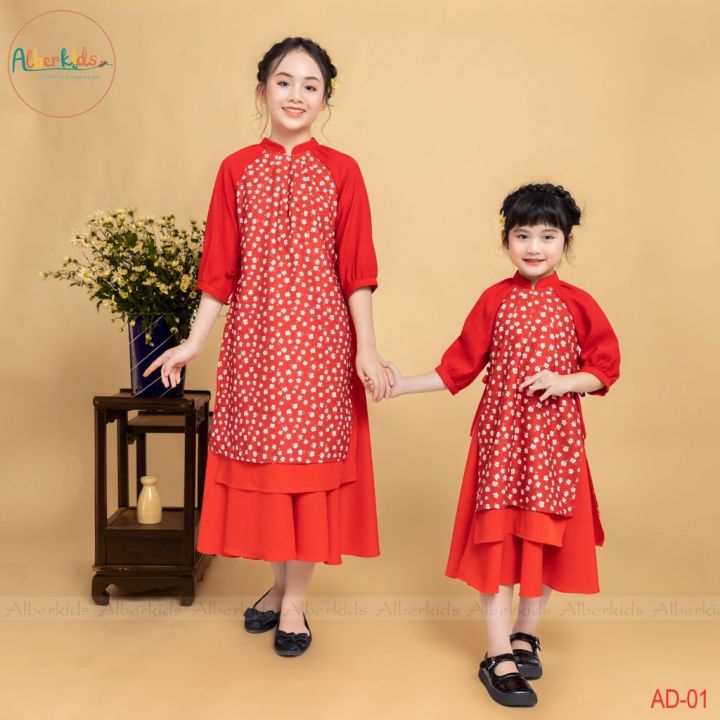 Áo dài tết cách tân màu đỏ cho bé gái bé trai Econice AD023 AD024. Size váy  trẻ em 3 4 5 6 7 8 9 10 11 12 tuổi - MixASale