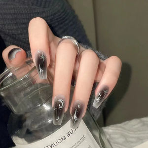 Bintang Eropa dan Amerika dan gaya hip hop gradien abu-abu hitam bulan kuku palsu panjang COD 24pcs kuku palsu nail art Pola lukisan bunga kuku lucu berkualitas tinggi kuku palsu + lem Gratis lem 2g
