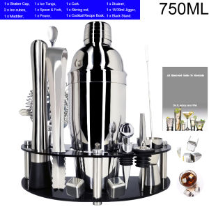 Bartender Kit with Black Stand 13 Piece 750ml Cocktail Shaker Set Professional Stainless Steel Ice Cubes Bar Tool -Cocktail Recipes Book